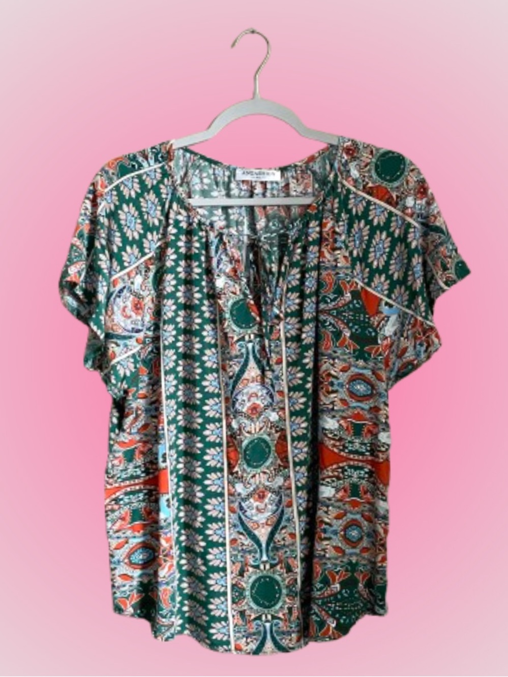 Colorful printed boho style top w/ tie neck Angashion sz XXL